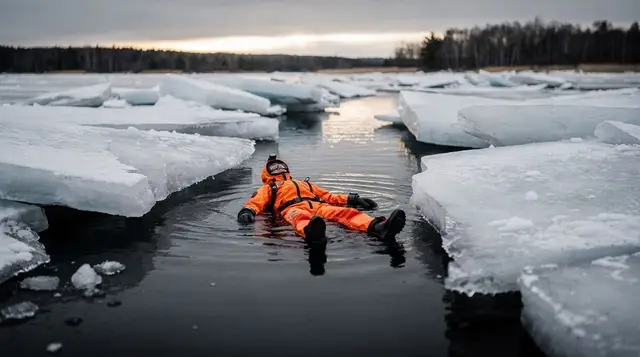 Ice floating in a survival suit near Rovaniemi