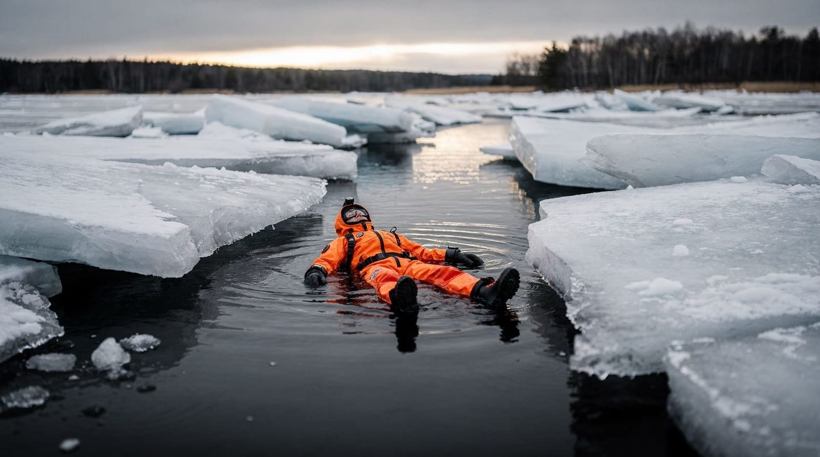 Le flottage sur glace en combinaison de survie près de Rovaniemi