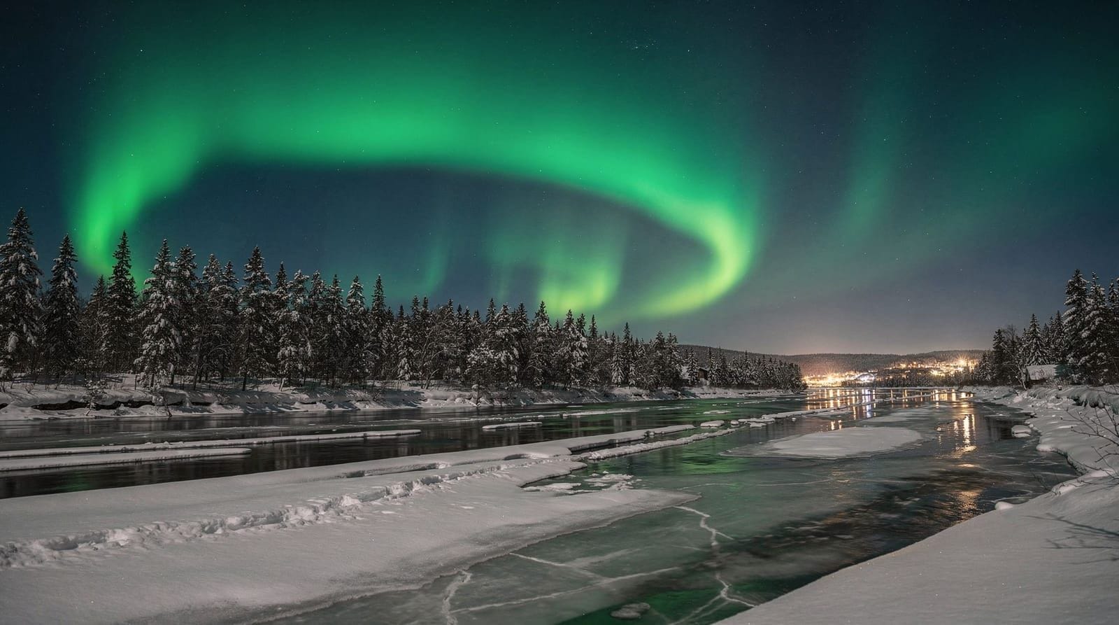Die Nordlichter leuchten über einem verschneiten Wald nahe Rovaniemi, Finnisch-Lappland.